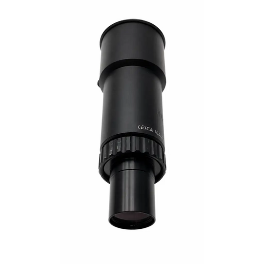 Black Leica 10x magnifier with textured grip and matte finish microscope eyepiece adapter