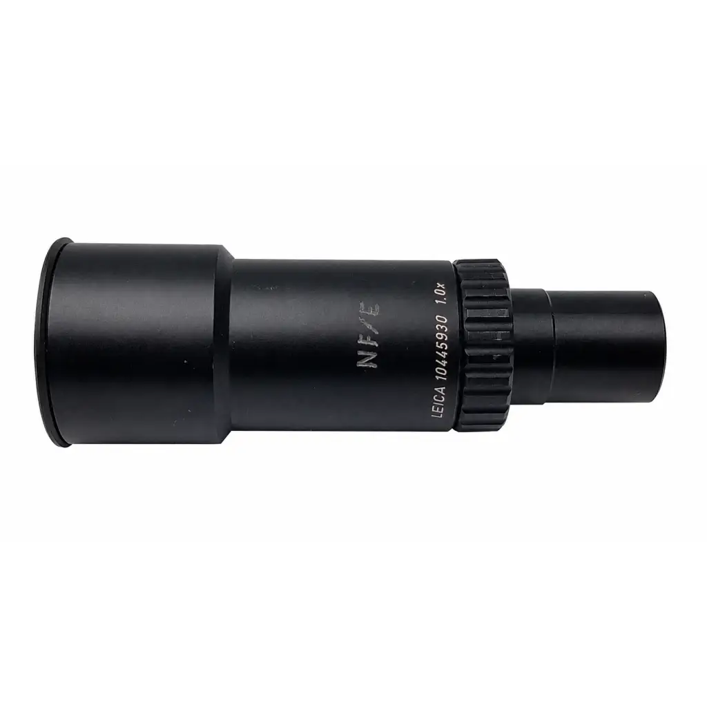 Black Leica 10445930 1.0x microscope eyepiece adapter with textured focus ring and engraved model number