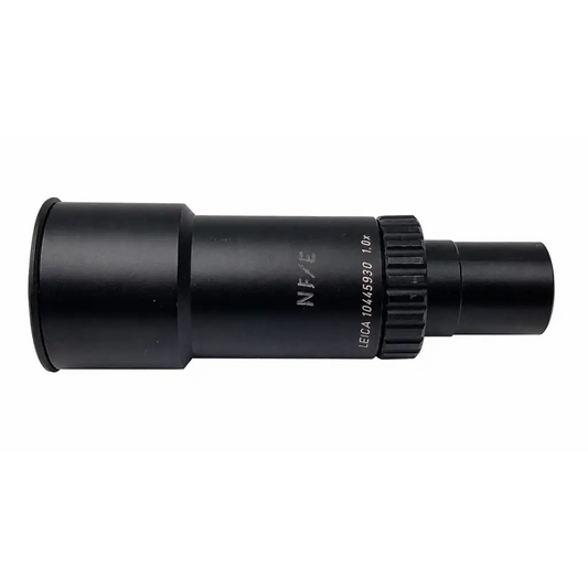 Black Leica 10445930 1.0x microscope eyepiece adapter with textured focus ring and engraved model number