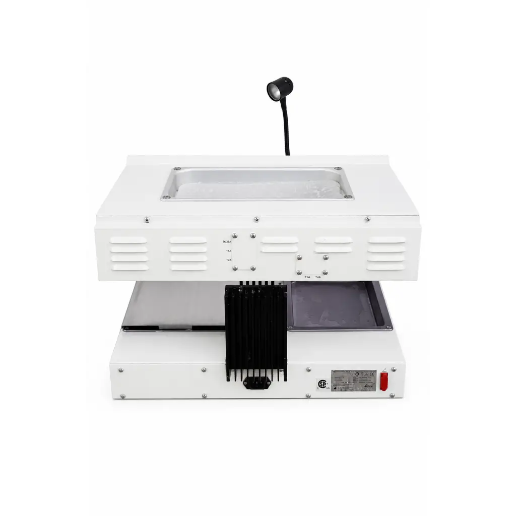 White industrial-grade flatbed scanner with black adjustable lamp and ventilation slits in leica eg1150 biomed certified paraffin embedding station