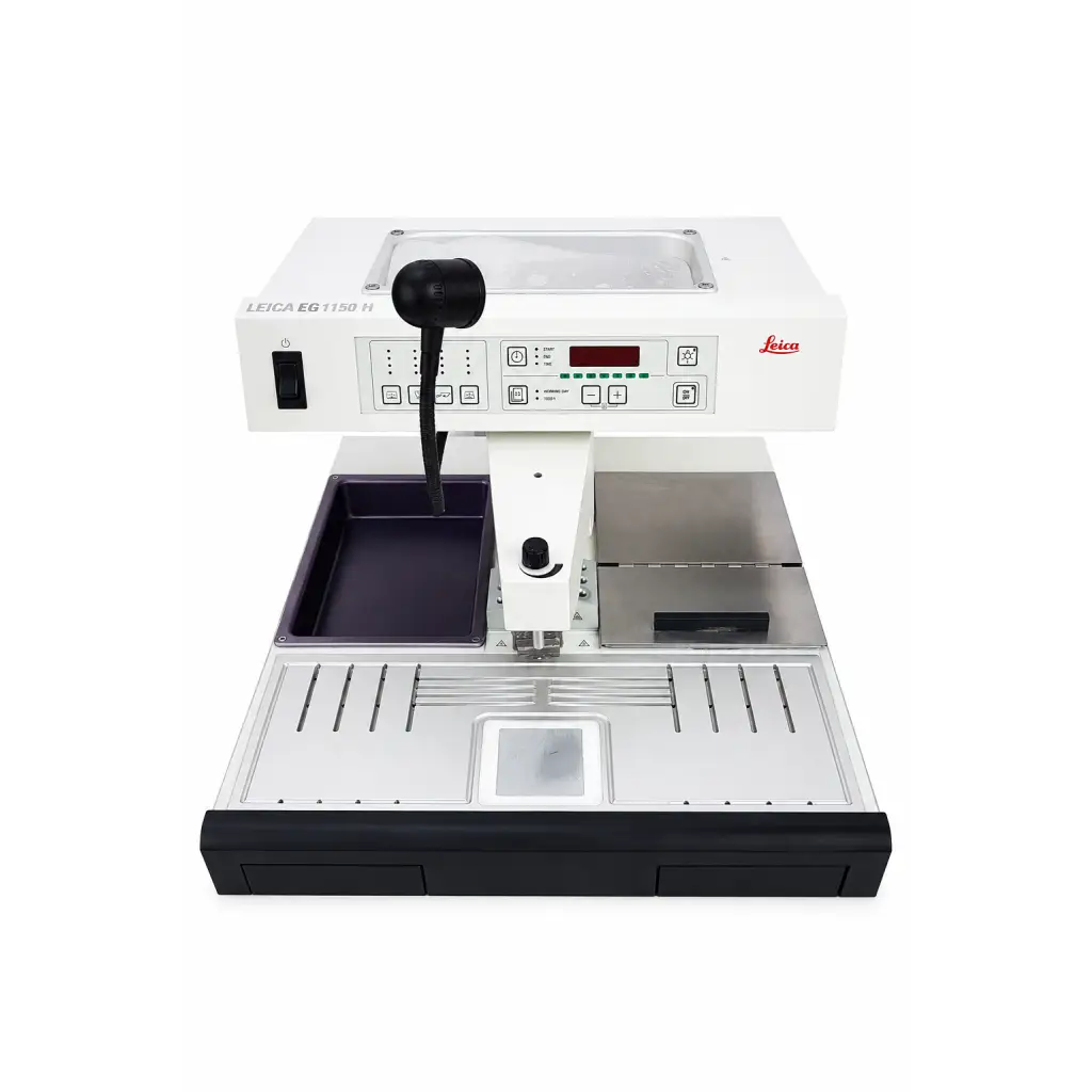 White and black biomed certified leica eg1150 paraffin embedding station with digital display control panel and metallic components