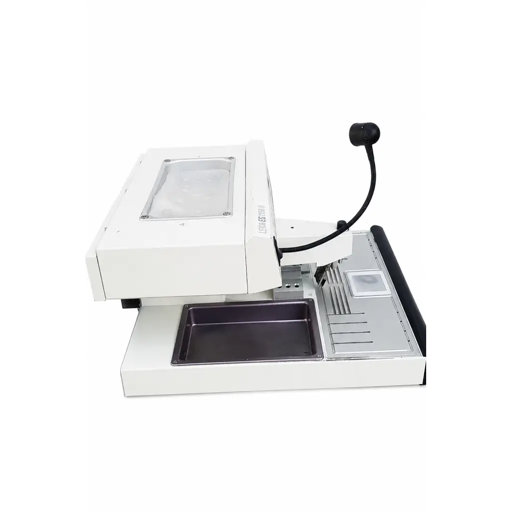 White biomed certified leica eg1150 paraffin embedding station with transparent window and black gooseneck light