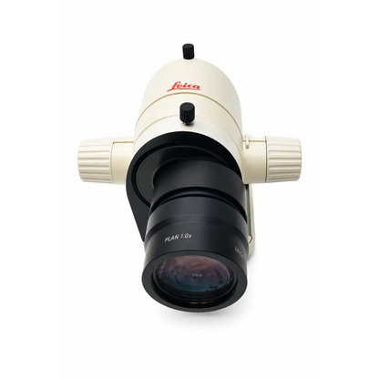 Leica microscope optical head with cream-colored body and black plan 1.0x lens, biomed certified for precision use
