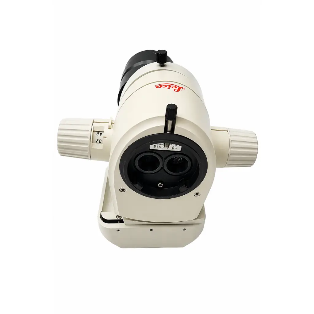 Cream-colored leica microscope optical head with black eyepiece and adjustment knobs featuring plan 1.0x lens biomed certified