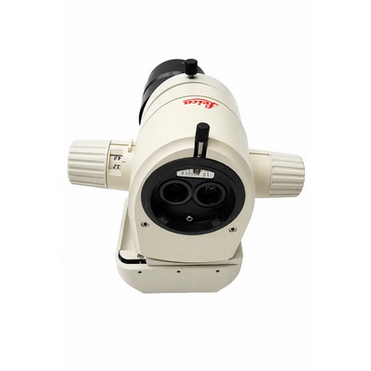Cream-colored leica microscope optical head with black eyepiece and adjustment knobs featuring plan 1.0x lens biomed certified