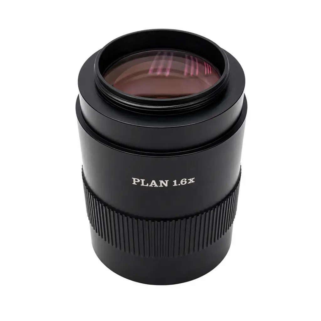 Black Leica Microsystems plan 1.3M c-mount microscope camera lens with red-tinted glass and textured grip ring