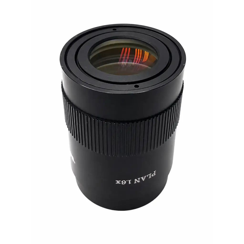 Leica Microsystems black cylindrical microscope camera lens with textured focus ring and plan 16x engraving for biomedical use