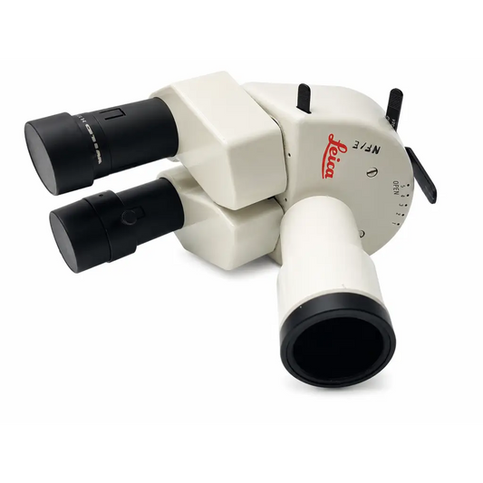Leica nf/e surgical microscope with cream body and black eyepieces featuring phototube attachment