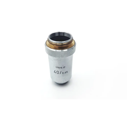 Leitz silver metallic microscope lense 40x with brass ring and engraved specifications for precise microscopy use