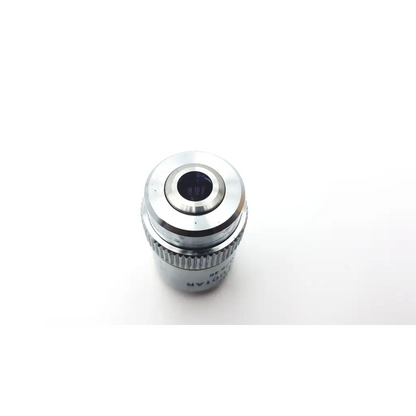 Silver metallic leitz npl fluotar 10x microscope objective lens with threaded barrel and engraved markings for 160mm use