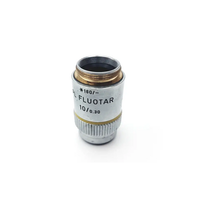 Silver metallic leitz npl fluotar 10x microscope objective lens with gold ring and threaded mounting collar for lab use