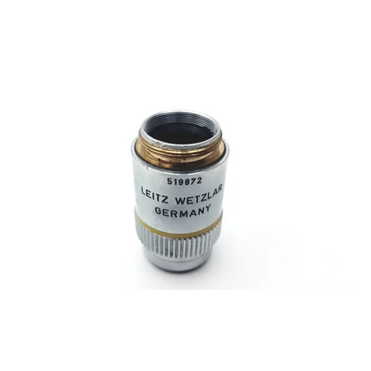 Silver leitz npl fluotar 10x microscope objective lens with gold ring and engraved markings for 160mm fluorite use