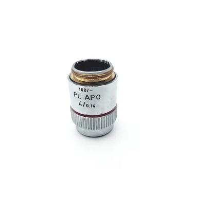 Silver-colored leitz pl apo plan apochromat microscope objective lens with engraved markings and textured focusing ring