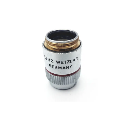 Silver metallic leitz pl apo plan apochromat microscope objective lens with brass ring engraved leitz wetzlar germany