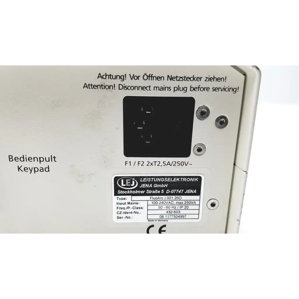 White plastic control panel with black power socket cutout and label from lej leistungselektronik jena for fluoarc lamp power supply