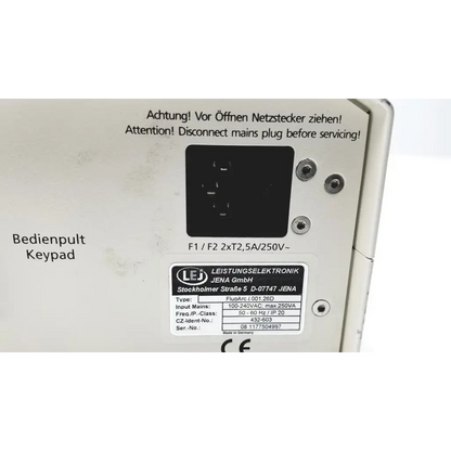 White plastic control panel with black power socket cutout and label from lej leistungselektronik jena for fluoarc lamp power supply
