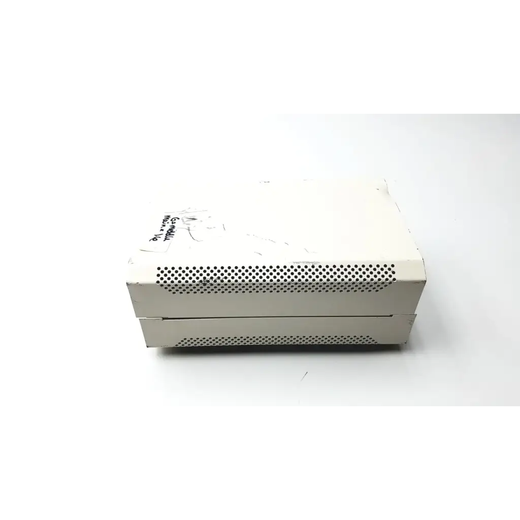 White rectangular lej mbq supply ballast mbq 52ac-z 310.26j power supply ballast with perforated ventilation grilles and wear signs