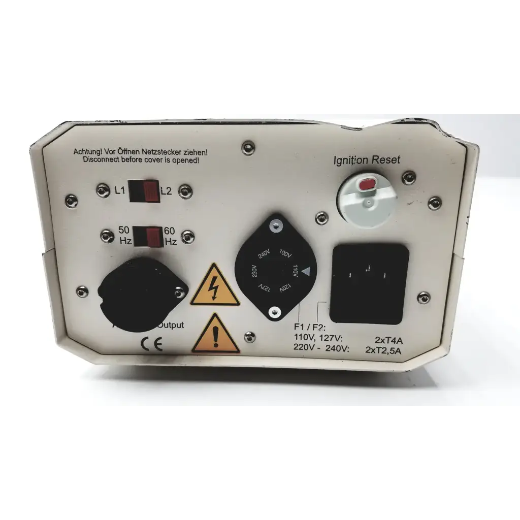 White industrial lej mbq 52ac-z 310.26j power supply ballast with black rotary dial red ignition reset and multiple ports