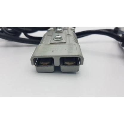 Gray plastic dual-connector power plug with black cables on lester electrical lestronic ii fully automatic battery charger 16500