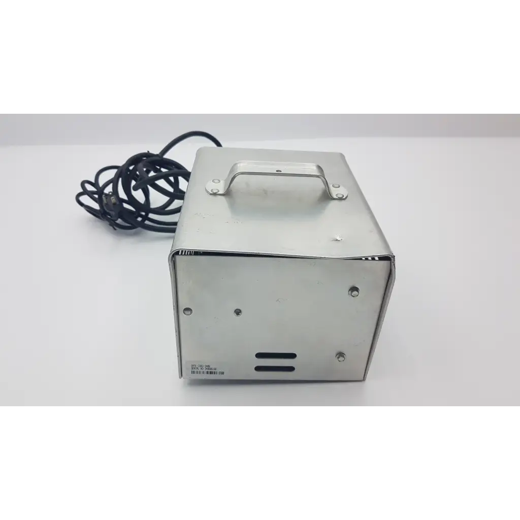 Silver metallic rectangular lester electrical lestronic ii fully automatic battery charger with handle and black coiled cord