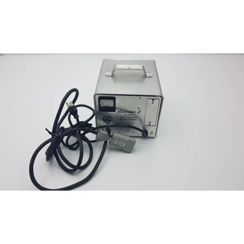 Silver metallic lester electrical lestronic ii fully automatic 36 volt battery charger with handle and black power cord