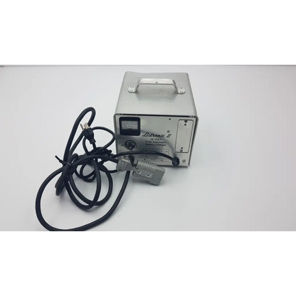 Silver metallic lester electrical lestronic ii fully automatic 36 volt battery charger with handle and black power cord