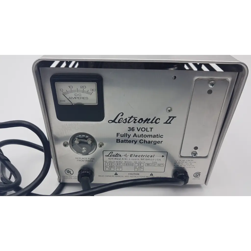 Silver metallic lester electrical lestronic ii fully automatic 36volt battery charger with black ammeter and control dial