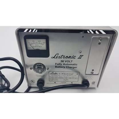 Silver metallic lester electrical lestronic ii fully automatic 36volt battery charger with black ammeter and control dial