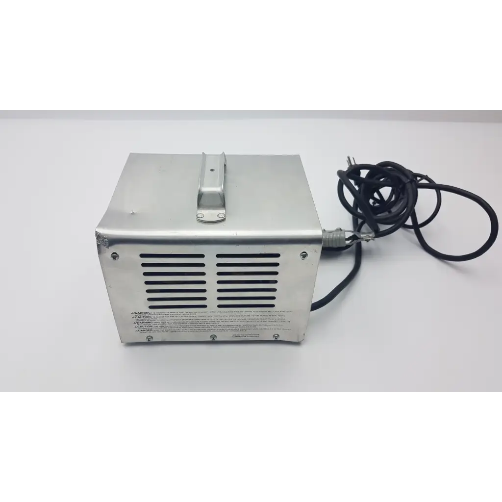 Silver metallic rectangular power supply unit with black coiled cord and vents for lester electrical lestronic ii fully automatic battery charger 16500