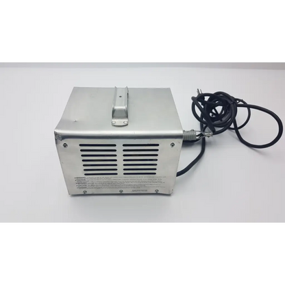 Silver metallic rectangular power supply unit with black coiled cord and vents for lester electrical lestronic ii fully automatic battery charger 16500