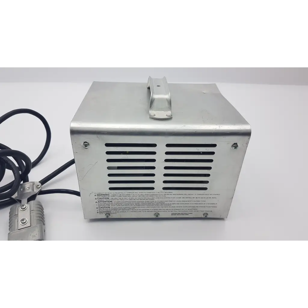 Silver metallic fully automatic battery charger lester electrical lestronic ii with black ventilation slits and handle on top