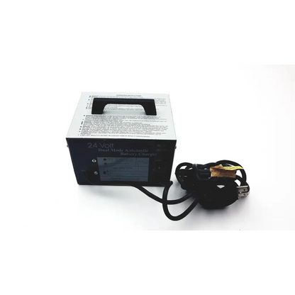 Black and silver lester electronics 24 volt dual mode automatic battery charger with coiled power cord