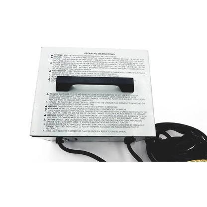 Black plastic charger cable with rectangular connector and instructions for lester electronics 24 volt dual mode battery charger 18330