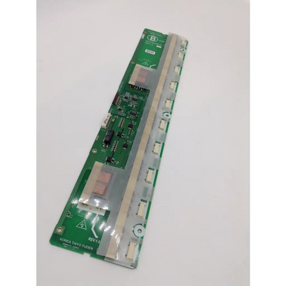 Green printed circuit board with silver connectors and white plastic parts labeled korea taiyo yuden for kls-420cp-b backlight inverter slave