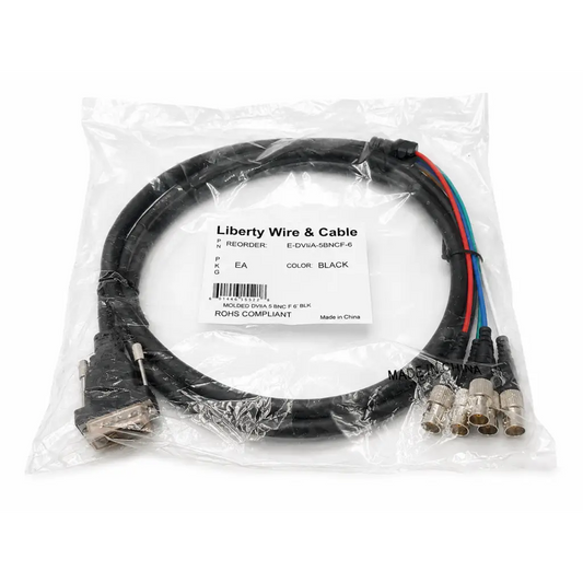 Black liberty wire e-dvi a-5bncf-6 cable with molded dvi male and five bnc female connectors in clear plastic