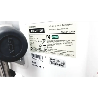 White advantech poc-125 rapid hemodynamic monitor hm-81-01 with black component and power supply labels on the back side