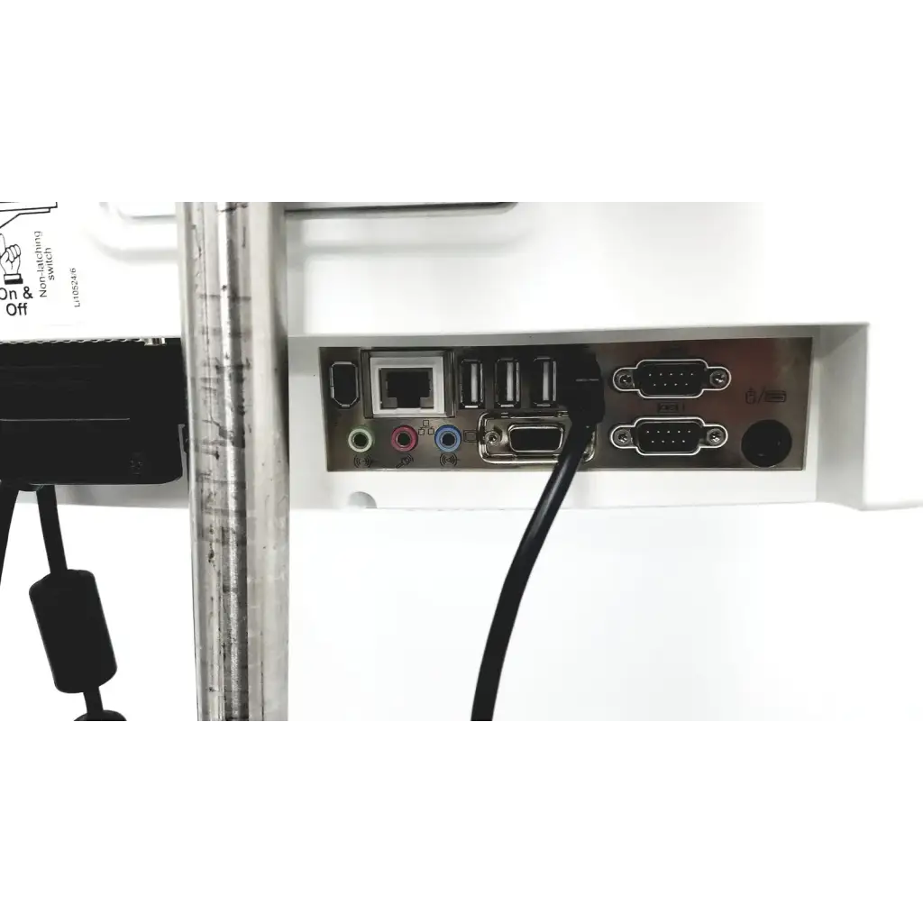 The back panel of a white lidco hm-81-01 rapid hemodynamic monitor with power supply showing multiple ports