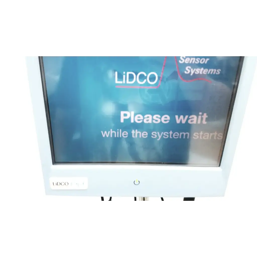 White plastic lidco hm-81-01 rapid hemodynamic monitor with blue screen and power supply on rolling stand