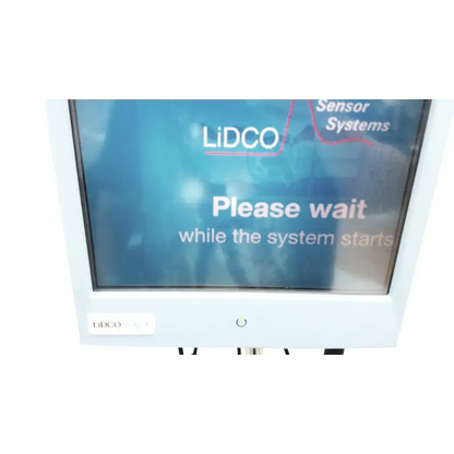 White plastic lidco hm-81-01 rapid hemodynamic monitor with blue screen and power supply on rolling stand