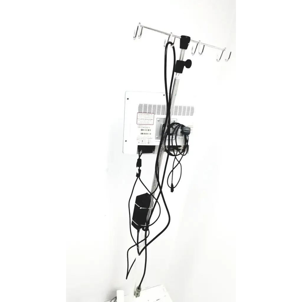 Black cable management system with metal hooks and central pole for lidco hm-81-01 rapid hemodynamic monitor power supply