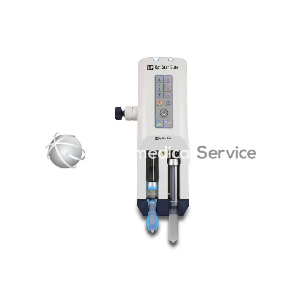 White and blue liebel flarsheim optistat surgical laser system with control panel and dual handpieces for precise injection