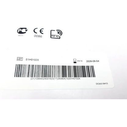 White product label on back side of tissue fusion open instrument ls1020 with barcode ce marking and use-by date 2026-08-04