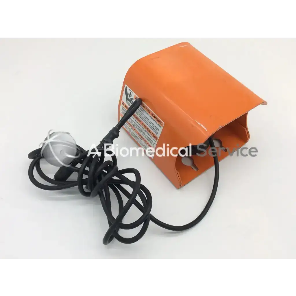 Orange plastic blood pressure cuff with black cord and silver bulb for line master full guard foot pedal use