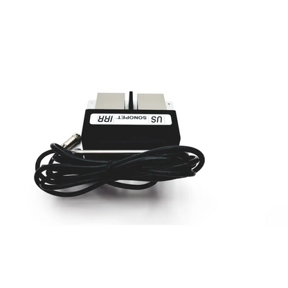 Black rectangular us sonopet irr ultrasonic device with silver metallic ends and coiled cable for linemaster switch corporation claasic iv foot switch