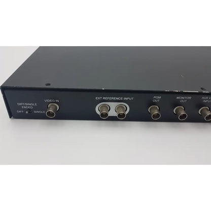 Backside of black link electronics prc-970 proc amp with multiple bnc connectors and labeled video inputs and outputs