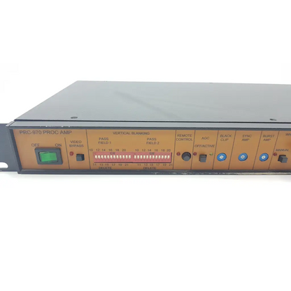 Black metal rack-mount proc amp with orange control panel and led display by link electronics prc-970