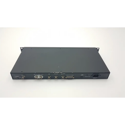 Black metal rack-mount video switcher with multiple ports and power connector shown from back for link electronics prc-970 proc amp