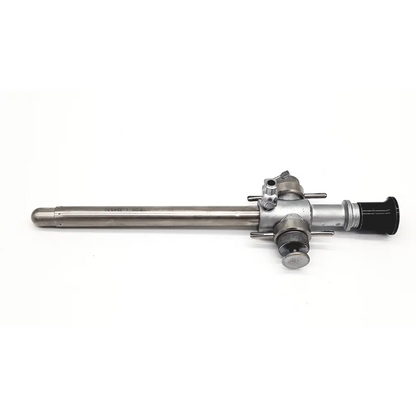 Silver metallic linvatec 118100 laparoscopy cannula da24-79 with black rubber grip and adjustable control knobs