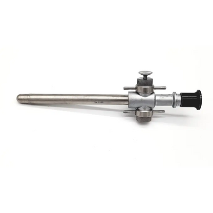 Silver linvatec 118100 laparoscopy cannula da24-79 with black grip and metallic adjustment knobs for surgical use