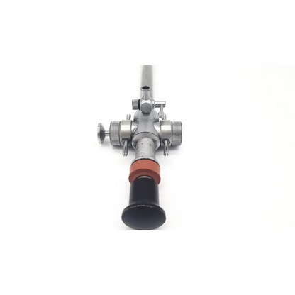 Silver linvatec conmed 118100 hasson laparoscopic trumpet valve with black handle and orange rubber grip surgical endoscope